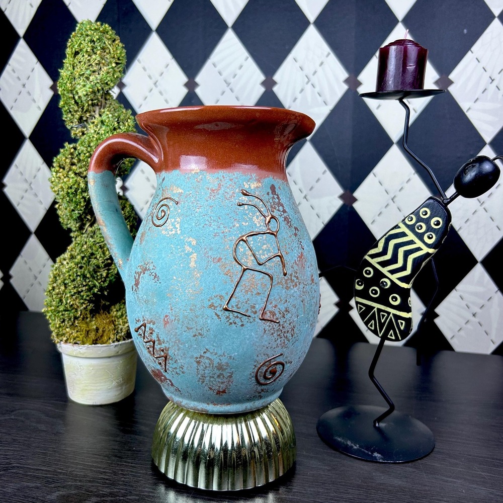 Southwestern Pottery Petroglyph Pitcher Turquoise And terracotta Vase Kokopelli - Picture 16 of 16